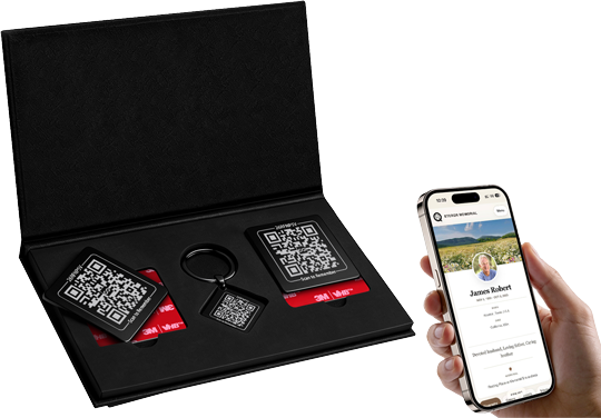 EterQR Signature Memorial Kit with plaques, keepsake keychain, and digital memorial on a phone
